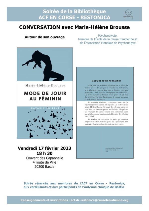 Soirée de la Bibliothèque 17 février 2023 Marie-Hélène Brousse - Conversation autour de son ouvrage MODE DE JOUIR AU FÉMININ